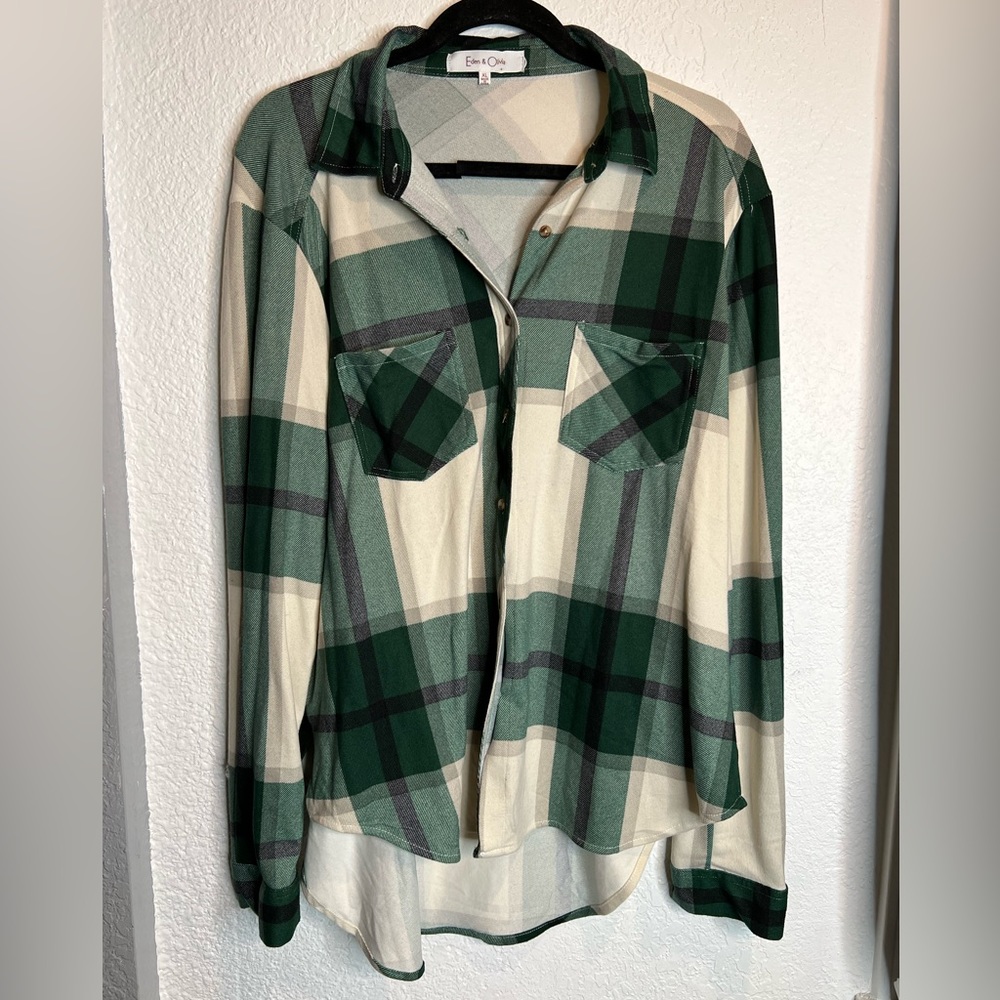 Green and off white button down flannel